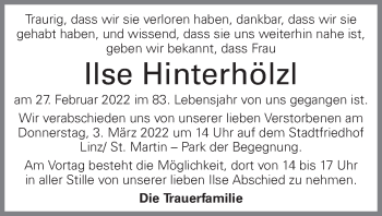Traueranzeige von Ilse Hinterhölzl von OÖNachrichten