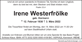 Traueranzeige von Irene Westerfrölke von OÖNachrichten