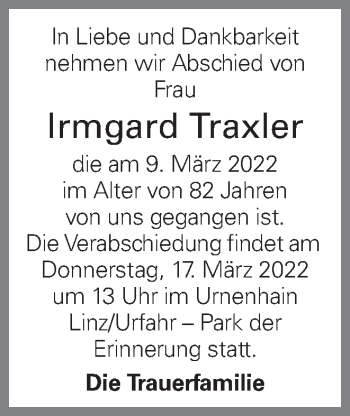 Traueranzeige von Irmgard Traxler von OÖNachrichten