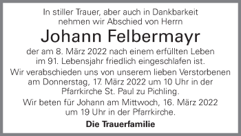 Traueranzeige von Johann Felbermayr von OÖNachrichten