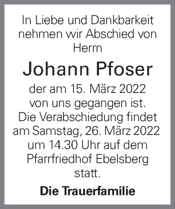 Traueranzeige von Johann Pfoser von OÖNachrichten