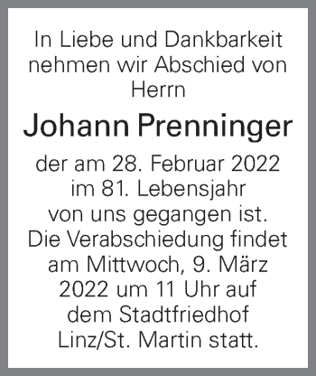 Traueranzeige von Johann Prenninger von OÖNachrichten