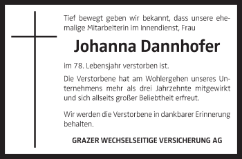 Traueranzeige von Johanna Dannhofer  von OÖNachrichten