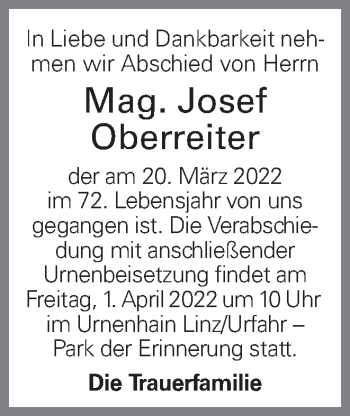 Traueranzeige von Josef Oberreiter von OÖNachrichten