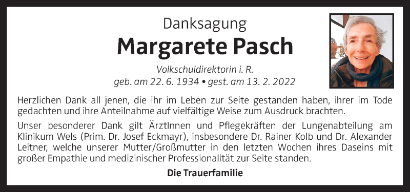 Traueranzeige für Margarete Pasch vom 05.03.2022 aus OÖNachrichten