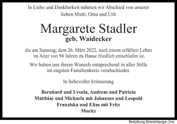 Traueranzeige von Margarete Stadler von OÖNachrichten