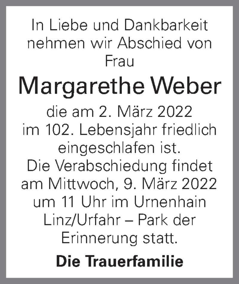  Traueranzeige für Margarethe Weber vom 07.03.2022 aus OÖNachrichten