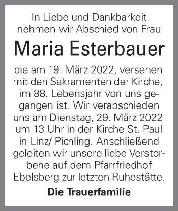 Traueranzeige von Maria Esterbauer von OÖNachrichten