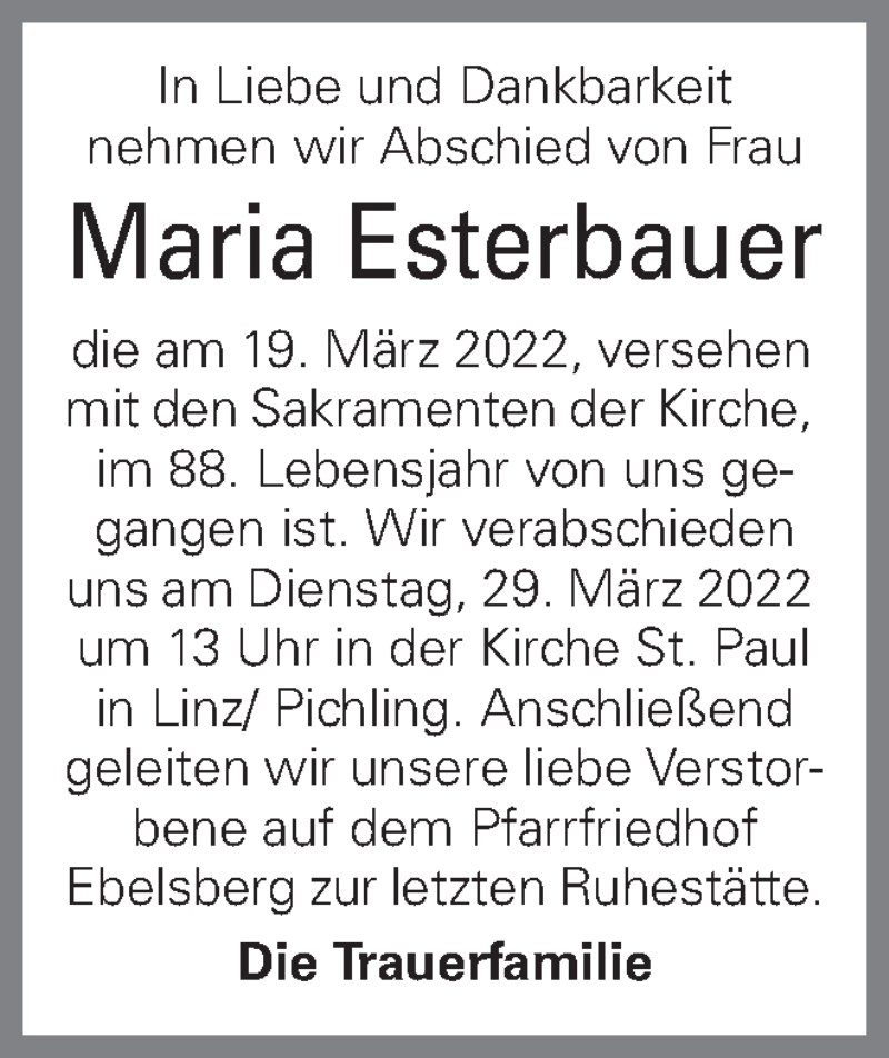  Traueranzeige für Maria Esterbauer vom 30.03.2022 aus OÖNachrichten