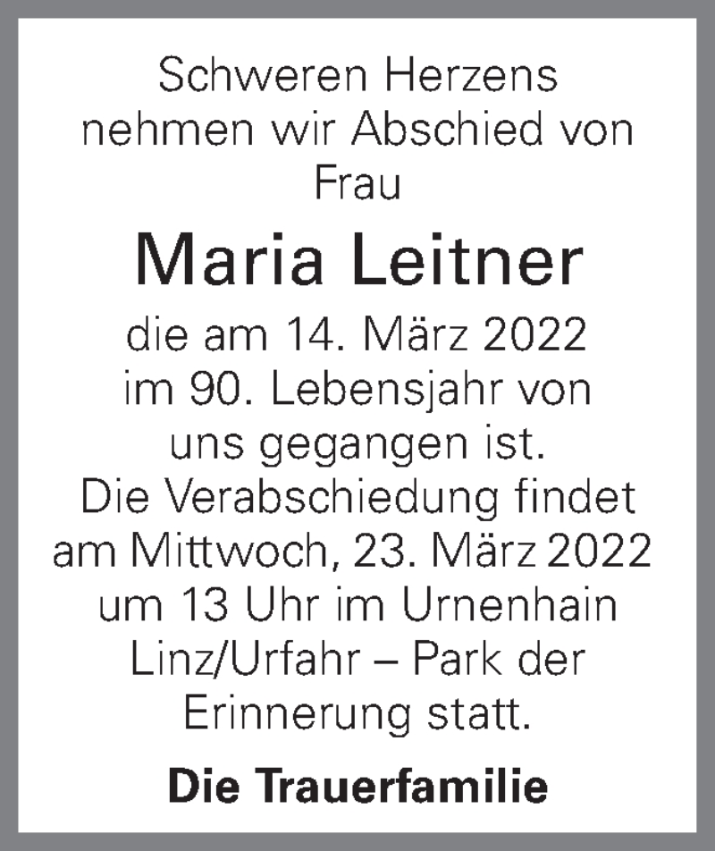  Traueranzeige für Maria Leitner vom 18.03.2022 aus OÖNachrichten