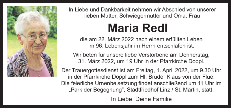  Traueranzeige für Maria Redl vom 26.03.2022 aus OÖNachrichten