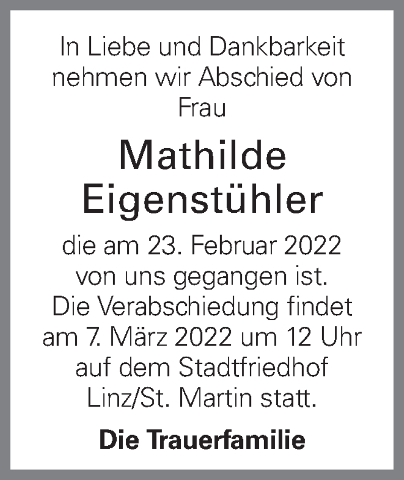  Traueranzeige für Mathilde findet vom 05.03.2022 aus OÖNachrichten