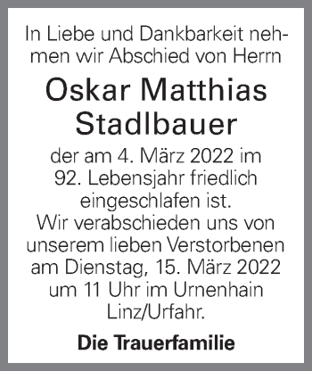 Traueranzeige von Oskar Stadlbauer von OÖNachrichten