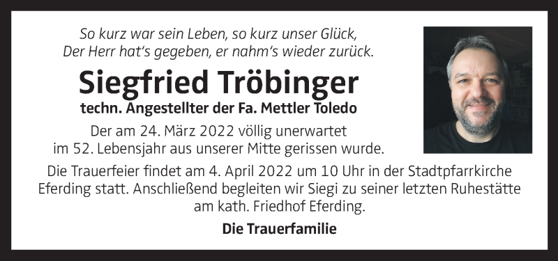  Traueranzeige für Siegfried Tröbinger vom 30.03.2022 aus OÖNachrichten