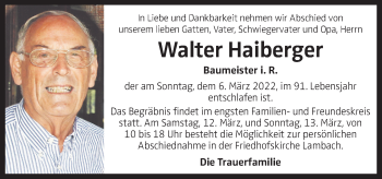 Traueranzeige von Walter Haiberger von OÖNachrichten