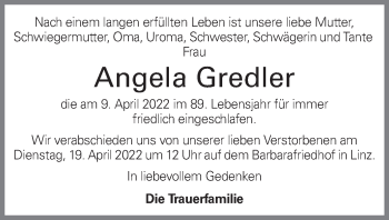 Traueranzeige von Angela Gredler von OÖNachrichten