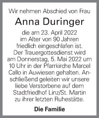 Traueranzeige von Anna Duringer von OÖNachrichten