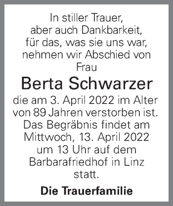 Traueranzeige von Berta Schwarzer von OÖNachrichten