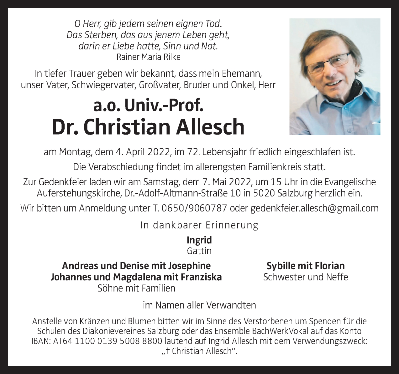  Traueranzeige für Christian Allesch vom 09.04.2022 aus OÖNachrichten