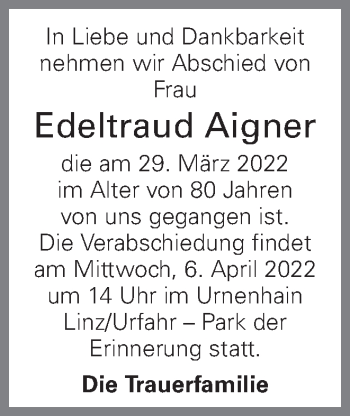 Traueranzeige von Edeltraud Aigner von OÖNachrichten