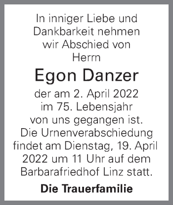 Traueranzeige von Egon Danzer von OÖNachrichten
