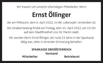 Traueranzeige von Ernst Öllinger von OÖNachrichten