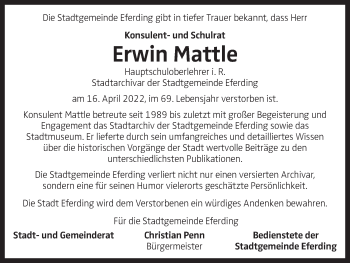 Traueranzeige von Erwin Mattle von OÖNachrichten