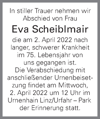 Traueranzeige von Eva Scheiblmair von OÖNachrichten