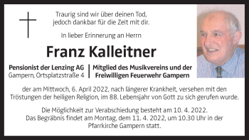 Traueranzeige von Franz Kalleitner von OÖNachrichten