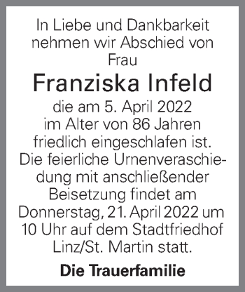 Traueranzeige von Franziska Infeld von OÖNachrichten