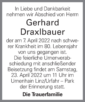 Traueranzeige von Gerhard Draxlbauer von OÖNachrichten