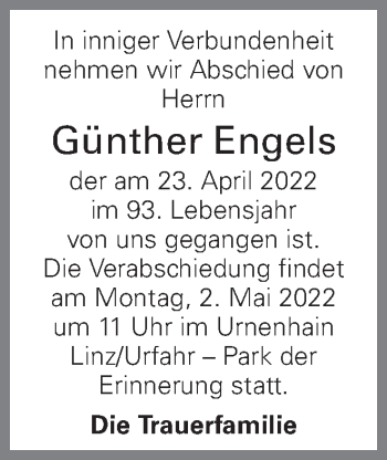 Traueranzeige von Günther Engels von OÖNachrichten