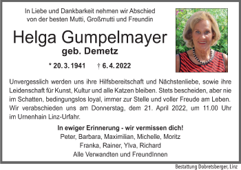 Traueranzeige von Helga Gumpelmayer von OÖNachrichten