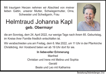 Traueranzeige von Helmtraud Johanna Kapl von OÖNachrichten