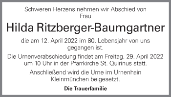 Traueranzeige von Hilda Ritzberger-Baumgartner von OÖNachrichten