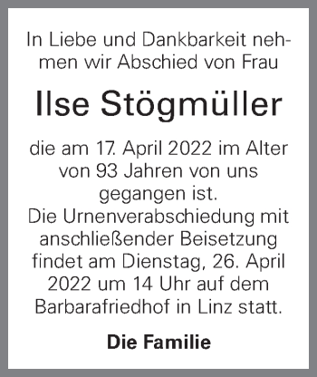 Traueranzeige von Ilse Stögmüller von OÖNachrichten