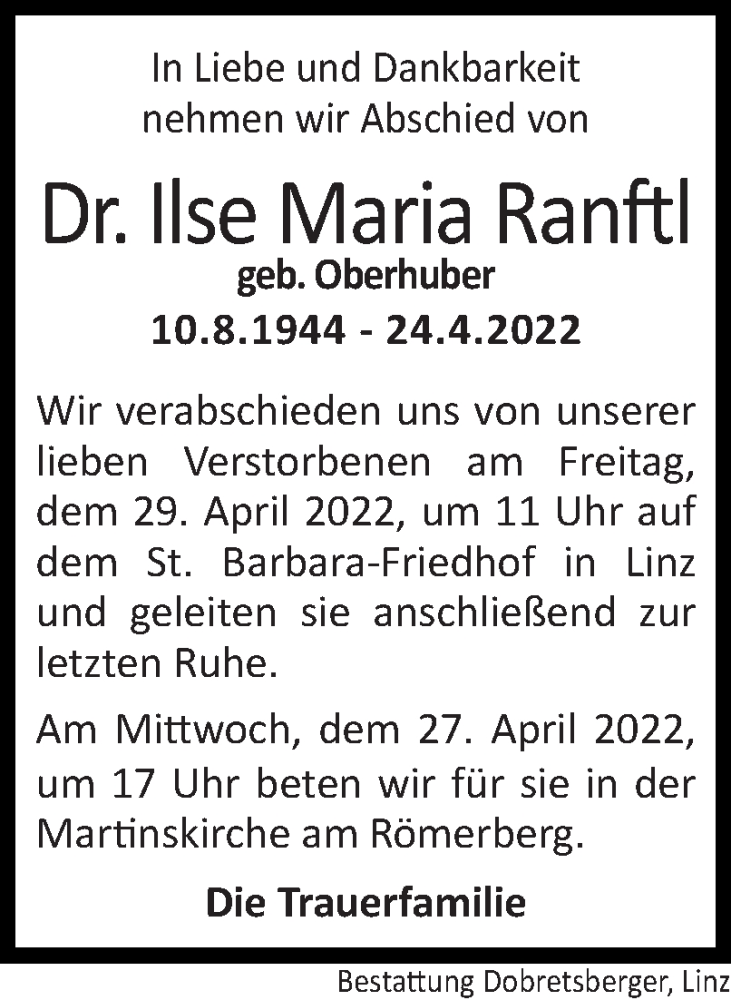  Traueranzeige für Ilse Maria Ranftl vom 27.04.2022 aus OÖNachrichten