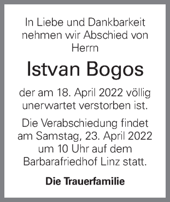 Traueranzeige von Istvan Bogos von OÖNachrichten
