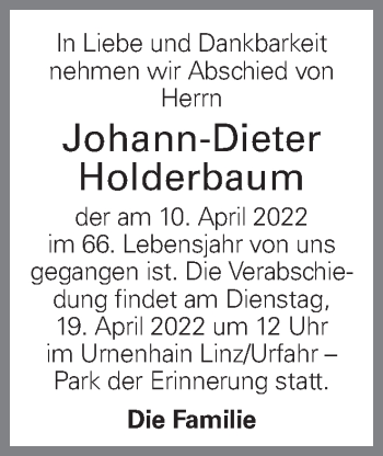 Traueranzeige von Johann-Dieter Holderbaum von OÖNachrichten