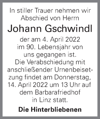 Traueranzeige von Johann Gschwindl von OÖNachrichten