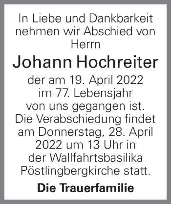 Traueranzeige von Johann Hochreiter von OÖNachrichten