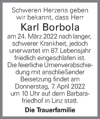 Traueranzeige von Karl Borbola von OÖNachrichten