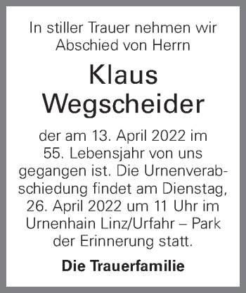 Traueranzeige von Klaus Wegscheider von OÖNachrichten