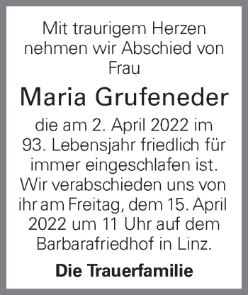 Traueranzeige von Maria Grufeneder von OÖNachrichten