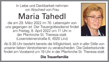 Traueranzeige von Maria Tahedl von OÖNachrichten