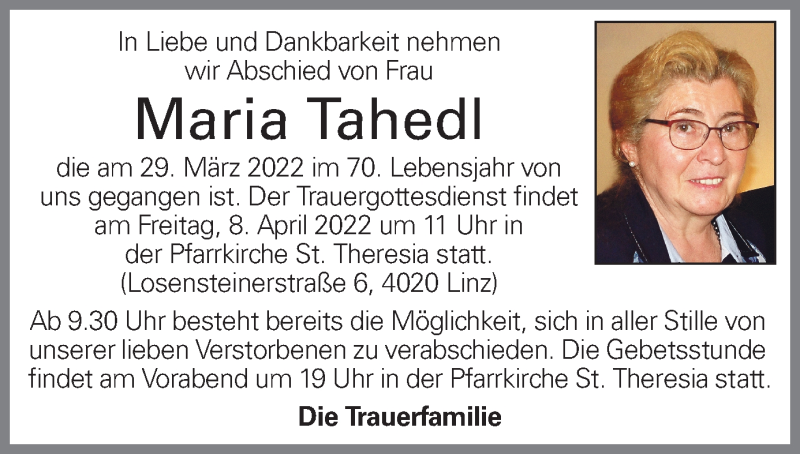  Traueranzeige für Maria Tahedl vom 04.04.2022 aus OÖNachrichten
