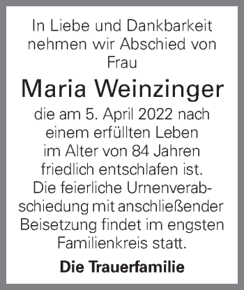 Traueranzeige von Maria Weinzinger von OÖNachrichten