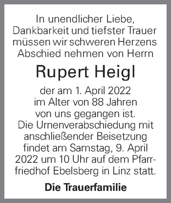 Traueranzeige von Rupert Heigl von OÖNachrichten