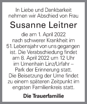 Traueranzeige von Susanne Leitner von OÖNachrichten