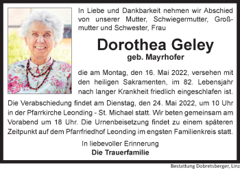 Traueranzeige von Dorothea Geley von OÖNachrichten